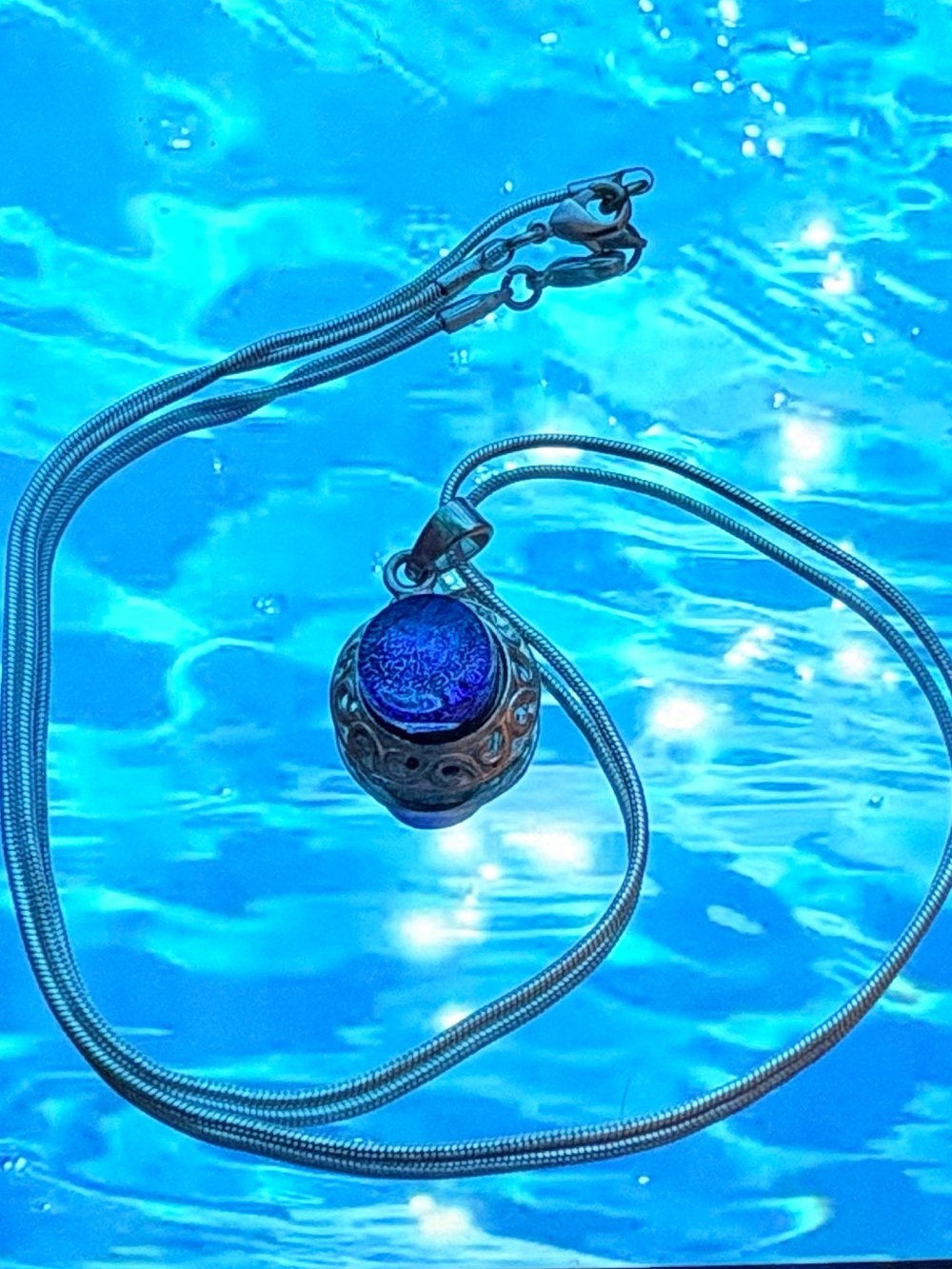 Handmade Silver-Tone Necklace with Deep Blue Glass Orb Pendant